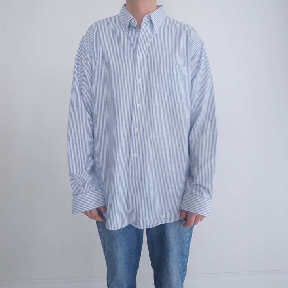 Stafford Wrinkle Free White Blue Stripe Oxford Cotton Button Down Dress Shirt 17